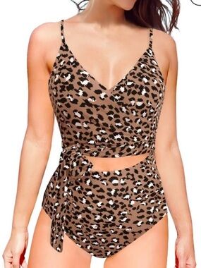 Aerie. Neutral Animal Print Wrap Cut Out One-Piece Swimsuit
